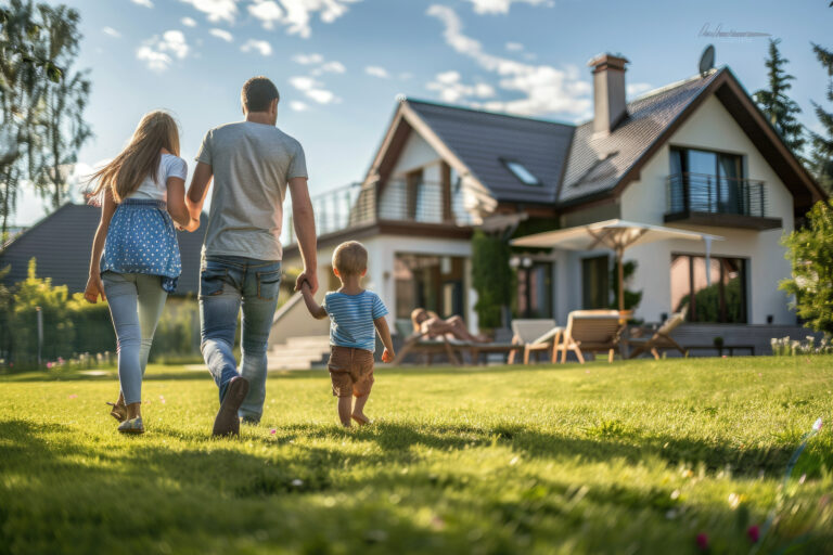 happy family playing on the lawn in front of their house
